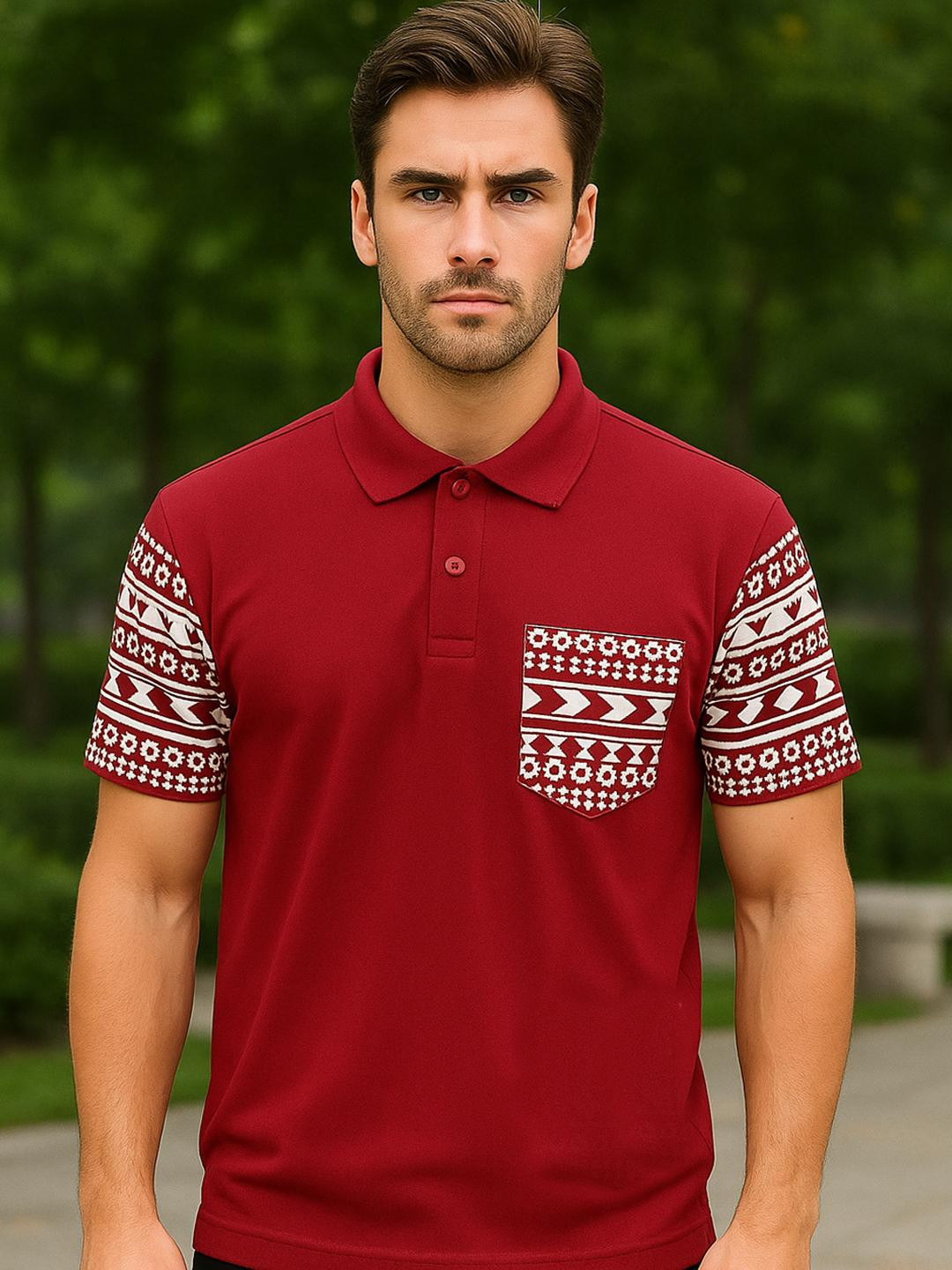 SZN Men Maroon Printed Polo Collar Moisture Wicking T-shirt