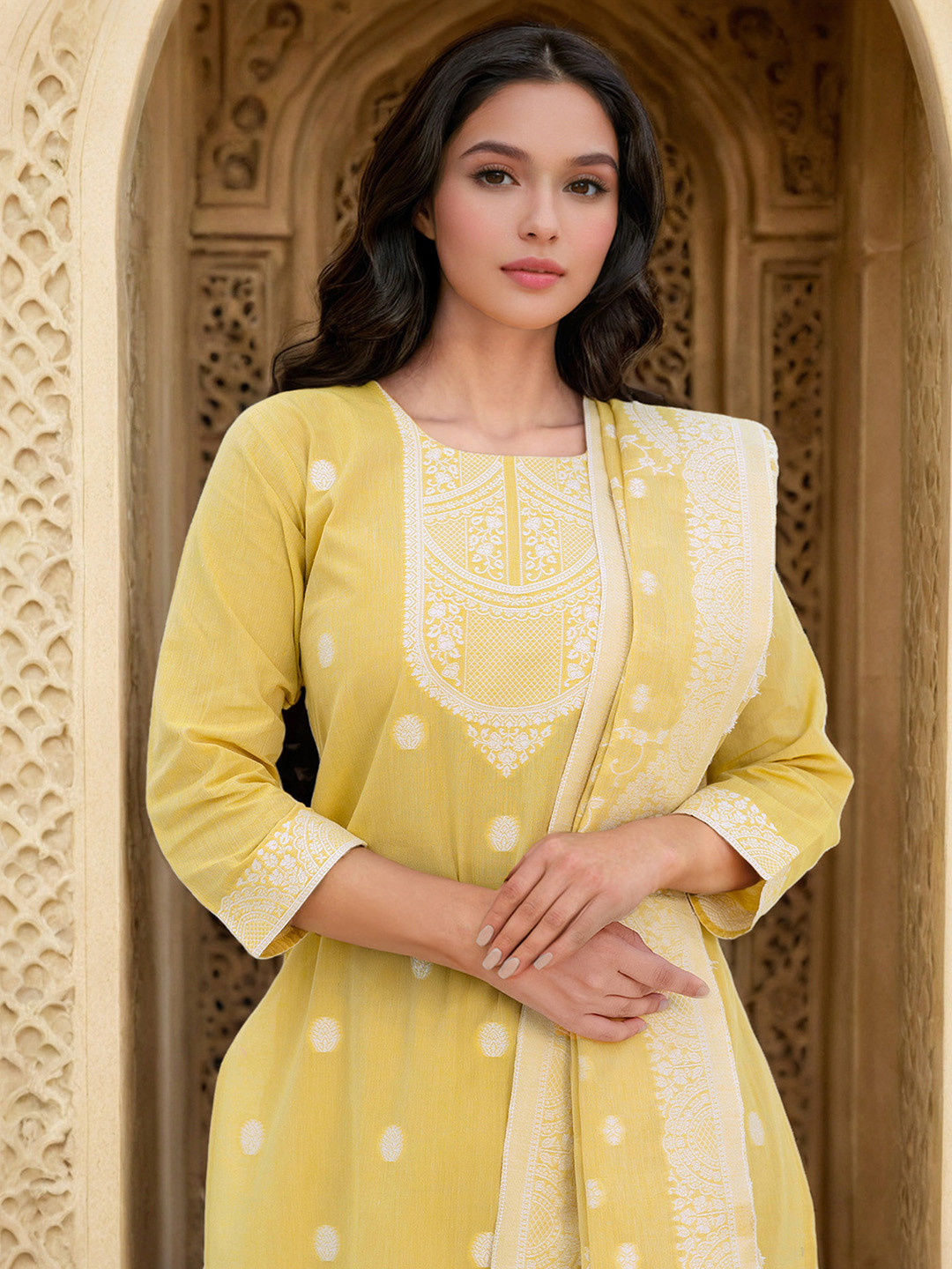 Skylee Pop Floral Woven Design Straight Kurta With Trousers & Dupatta