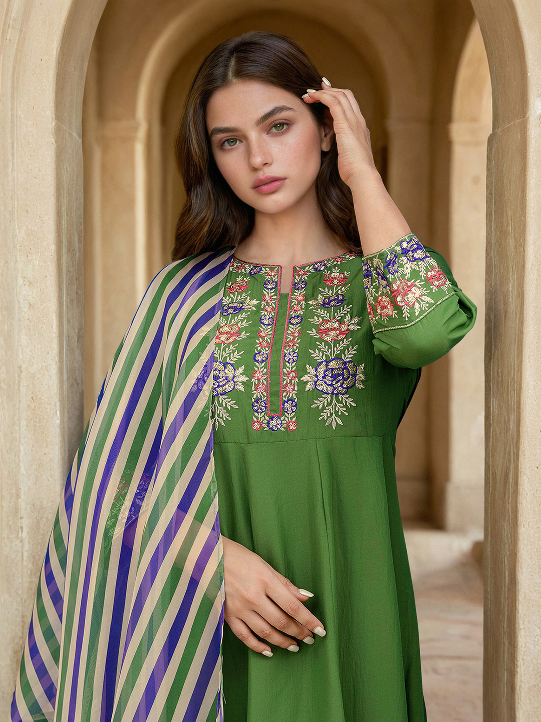 Skylee Pop Women Ethnic Motifs Printed A-Line Kurta with Trousers & Dupatta