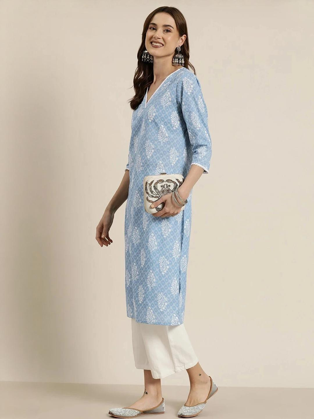 Jagra Women Light Blue Printed Straight Kurta