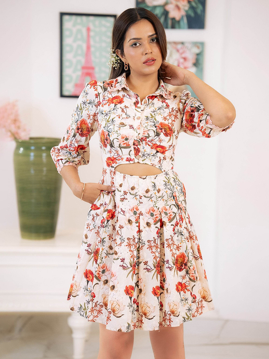 PRETTY PIXIE  Ethnic Motifs Printed Shirt Collar Cotton Fit & Flare Dress