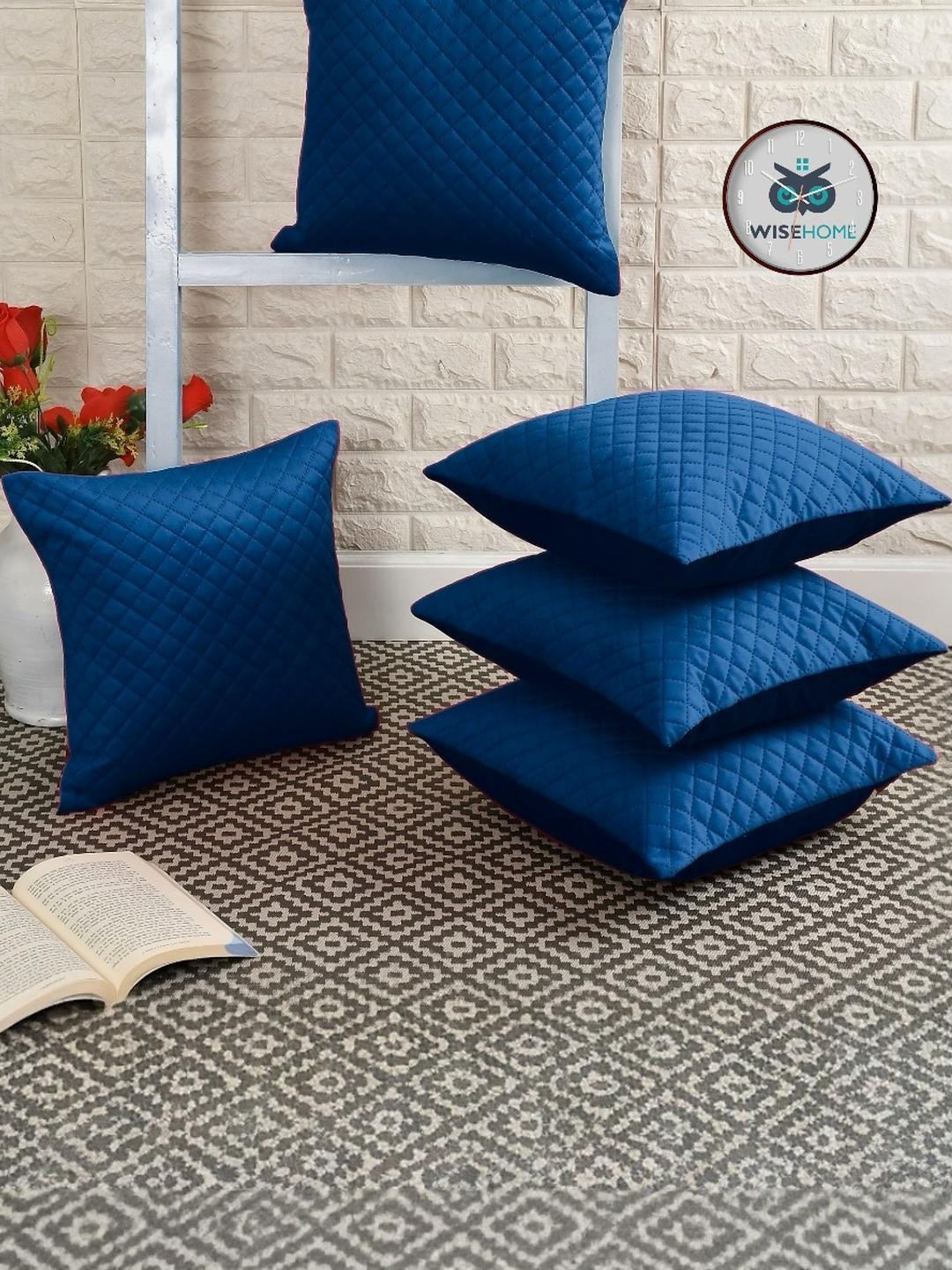 WISE HOME Set of 5 Square Navy Blue Checked Velvet Rectangle Cushion Covers