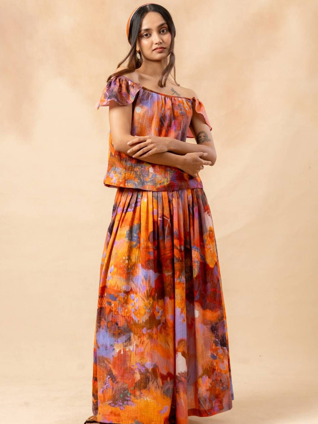 Doodlage Women Little leaf Printed Pure Cotton Flared Maxi Skirt