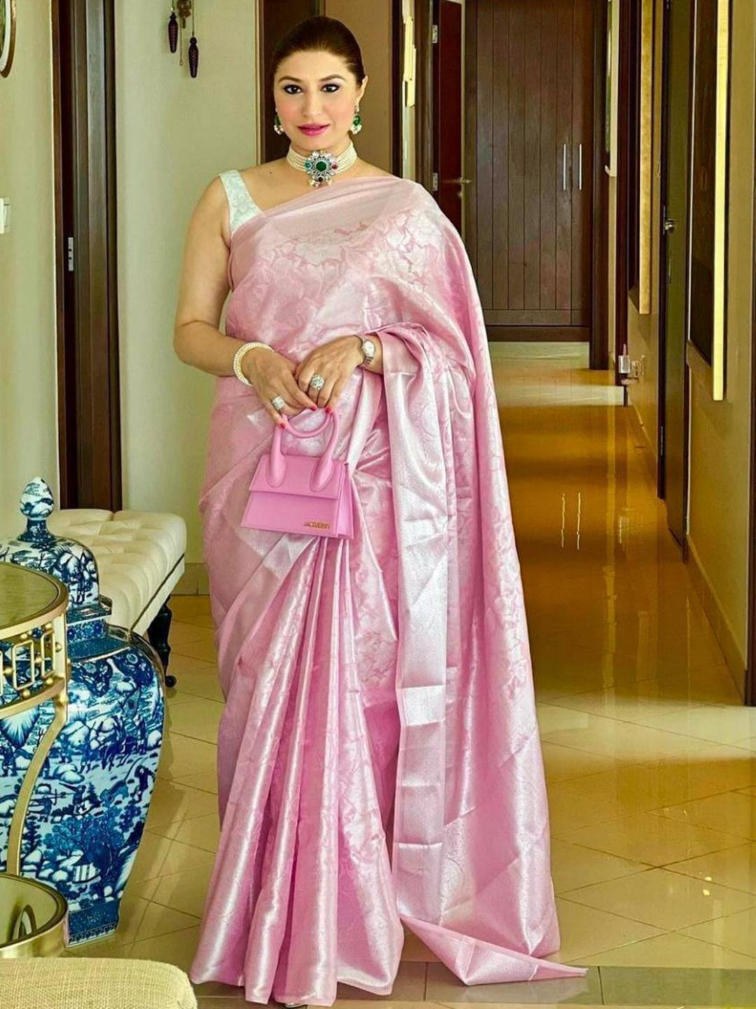 GHAN SALS Pink Silk Blend Woven Design Sarees