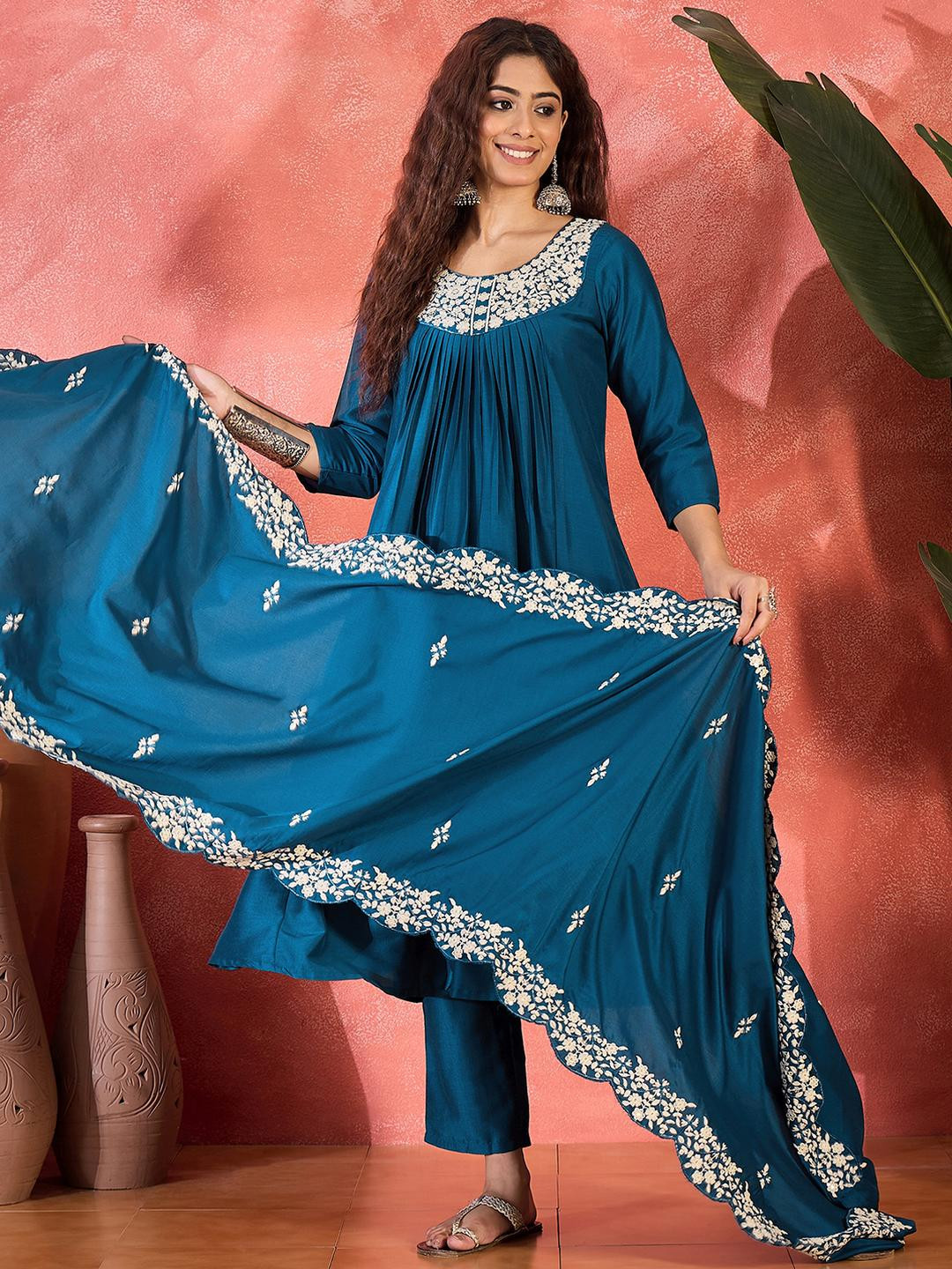 Sangria Women Morpich Chinon Silk Embroidered Kurta with Trousers & With Dupatta