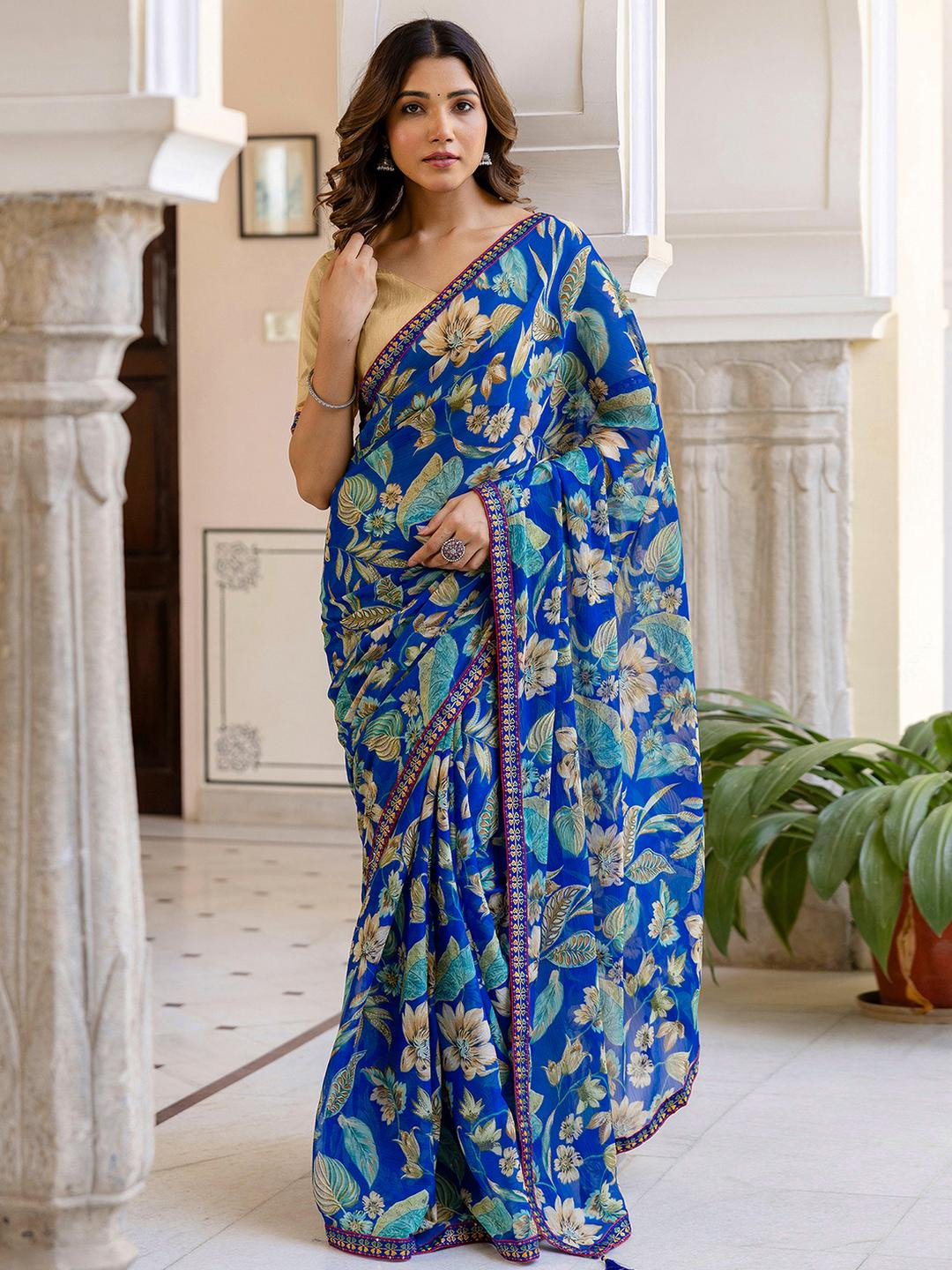 KALINI Blue Poly Chiffon Printed Sarees
