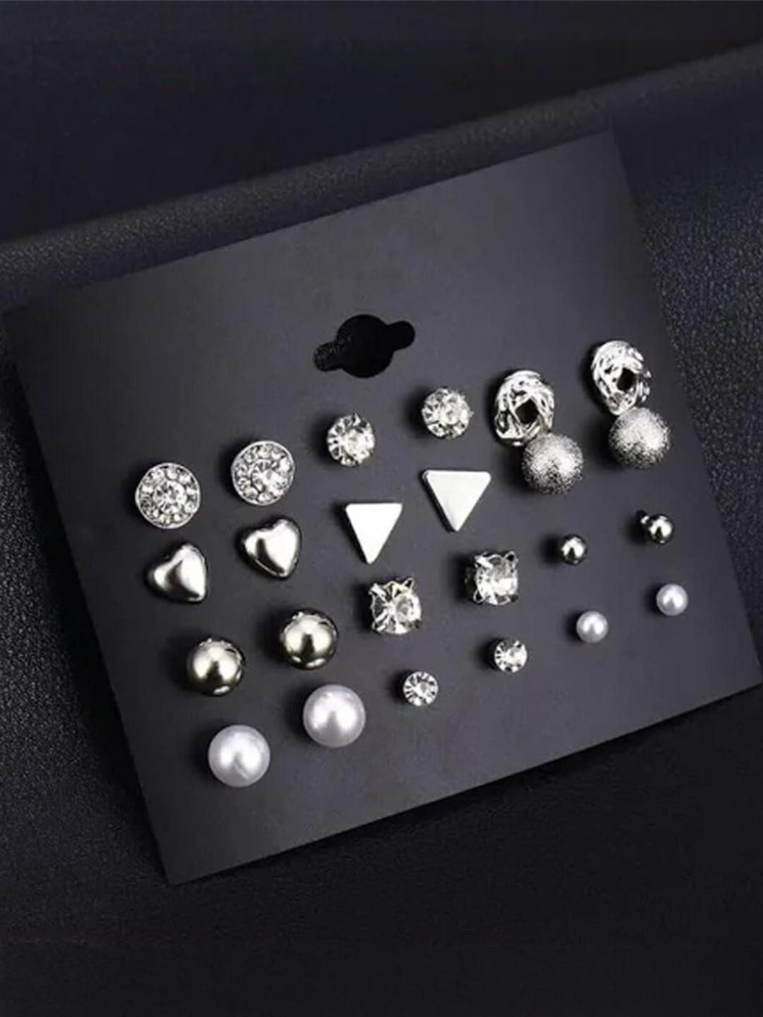 DressBerry  Combo of 12 Pair Silver Plated Studs Earrings
