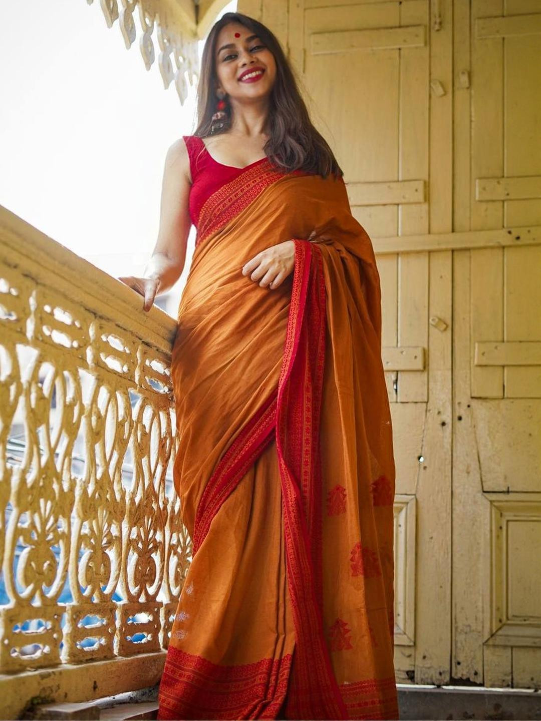 GHAN SALS Orange Silk Blend Woven Design Sarees