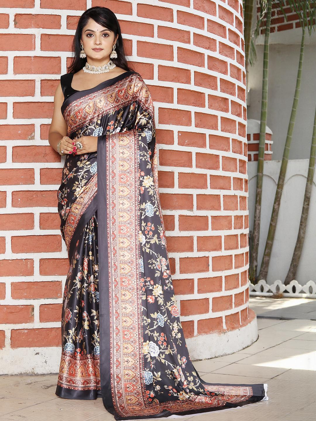 Anouk Black Floral Satin Saree