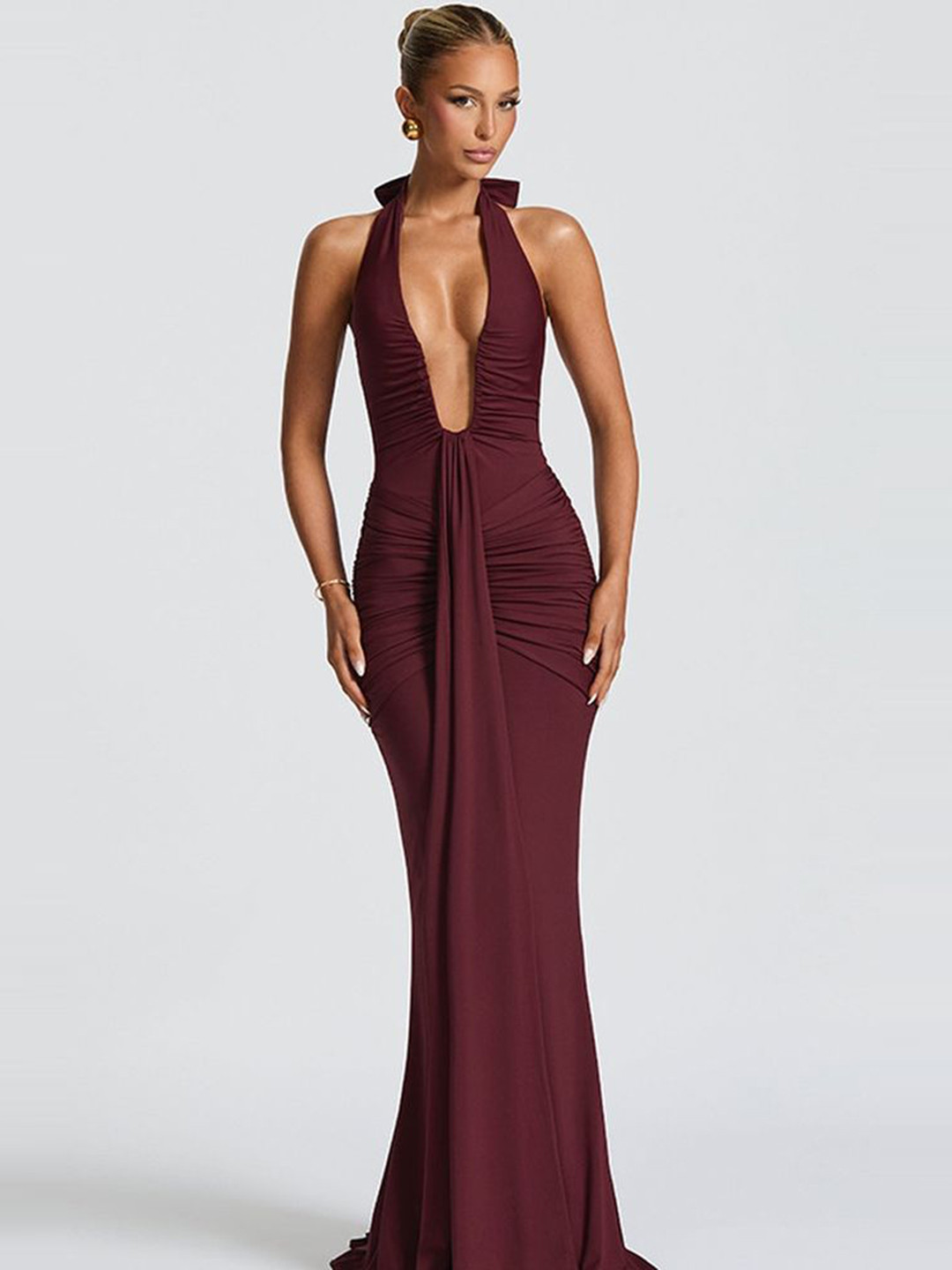 LULU & SKY Women Halter Neck Gathered or Pleated Backless Maxi Dress
