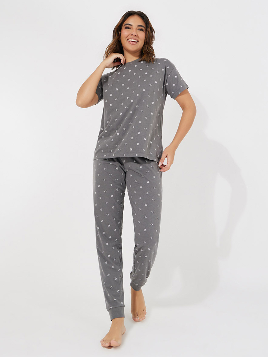 Styli Women Printed T-Shirt and Cuffed Pyjama Night suit