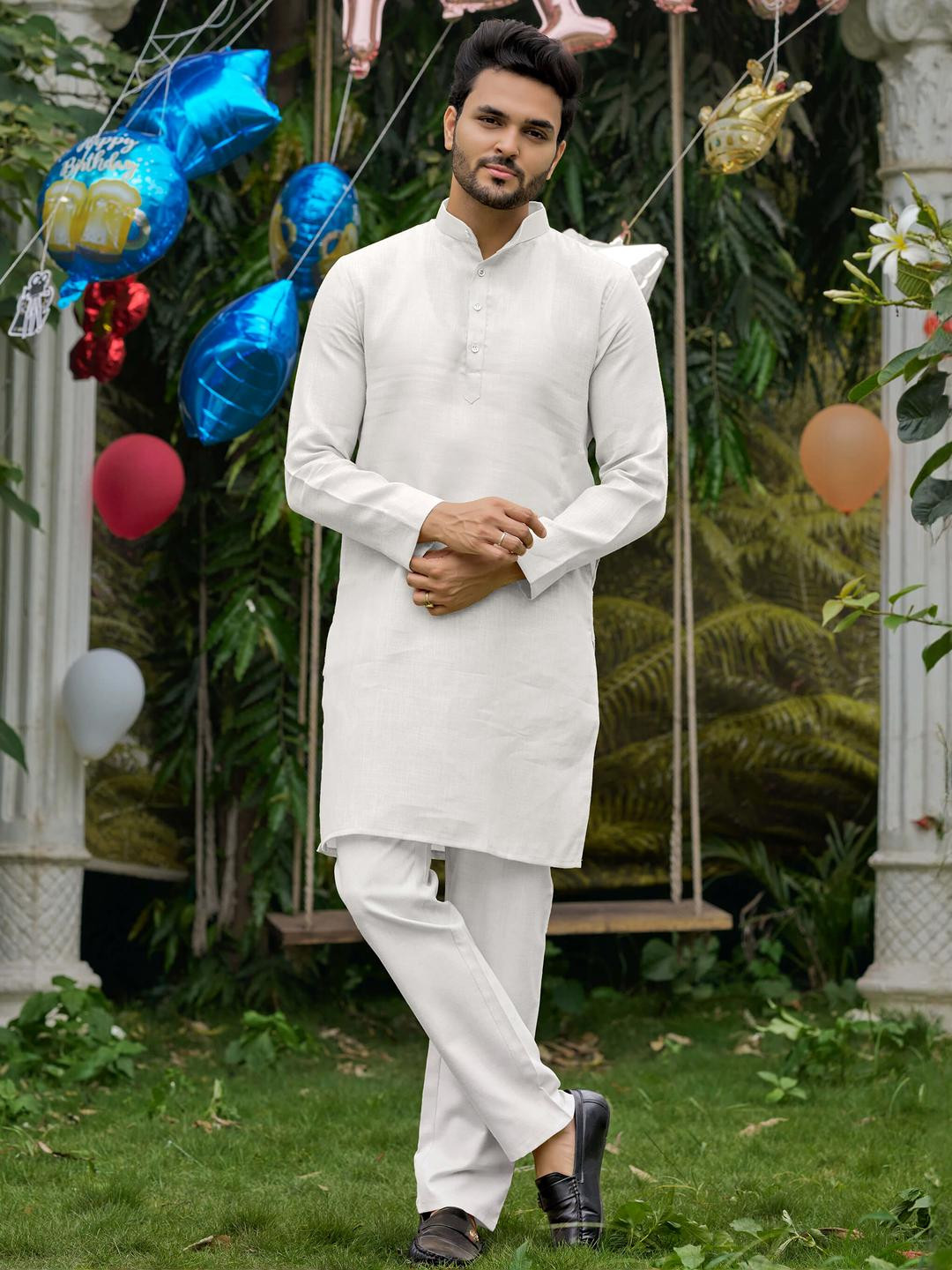Archittam Men White Linen Kurta Sets