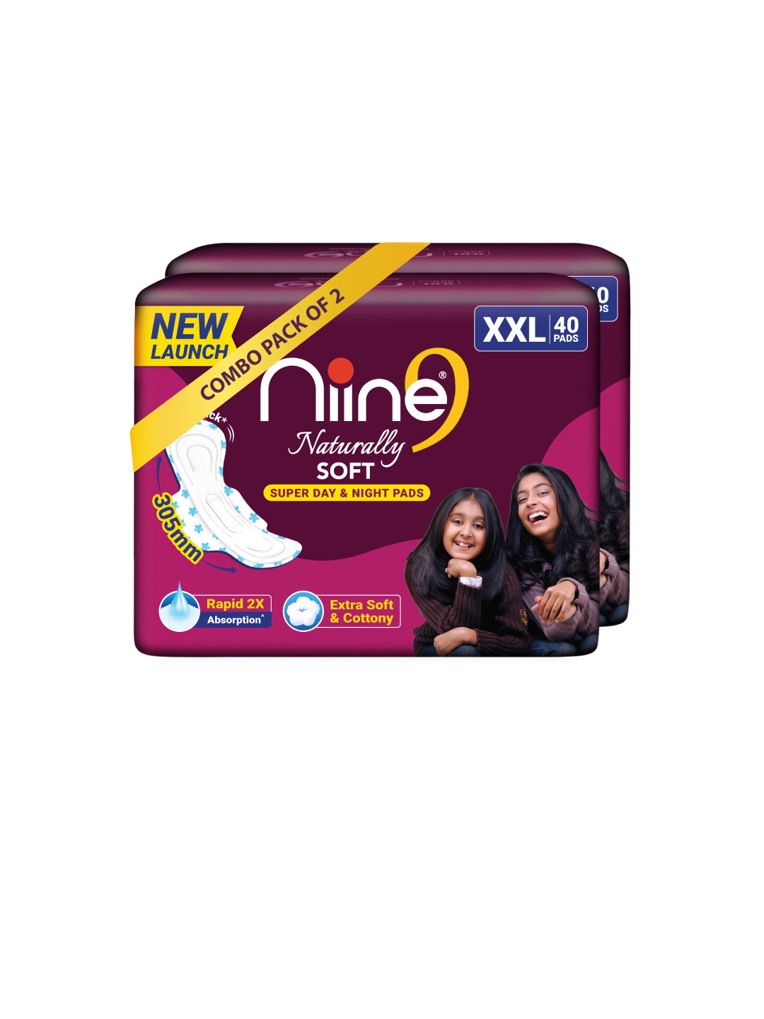Niine Set of 2 XL Naturally Cotton Soft 2X Absorption Antileak Flow Sanitary 72 Pads