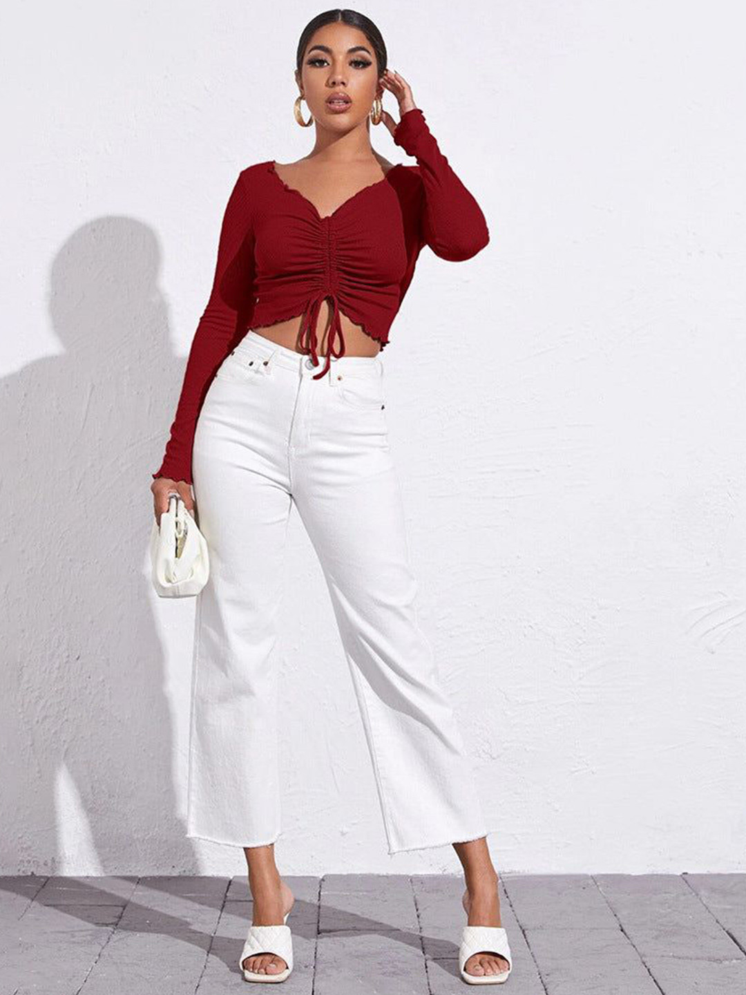 Outzidr Women V-Neck Full Sleeved Tie-Ups Ruched Fitted Crop Top