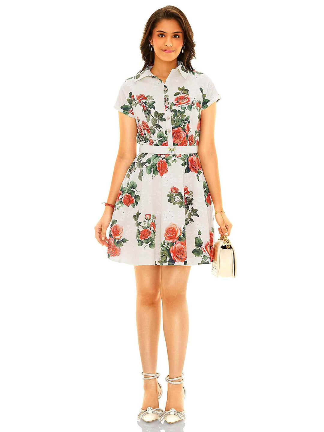 PRETTY PIXIE Women Floral Printed Cotton Shirt Dress With Belted