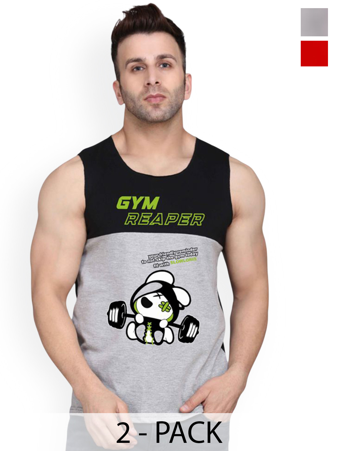 SLOWLORIS Pack Of 2 Printed Combed Cotton Gym Vests VSL26 CMB(GYM BLACKGREY)(ZOZO RED)