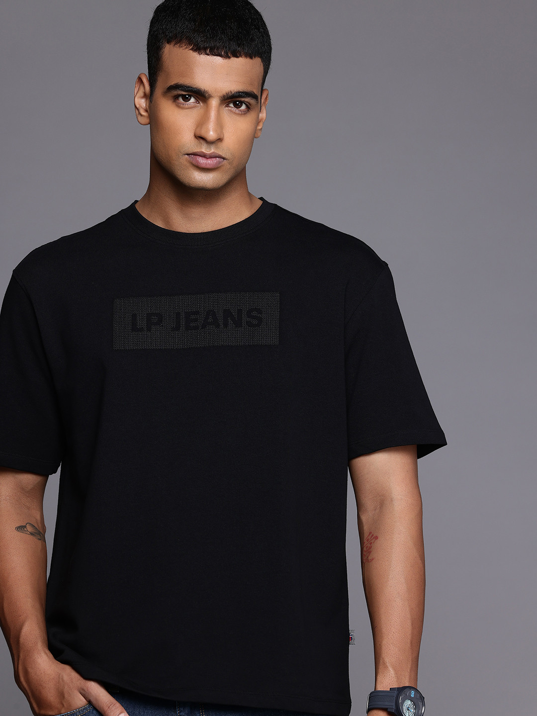 Louis Philippe Jeans Brand Logo Designed Drop-Shoulder Sleeves Relaxed Fit T-shirt