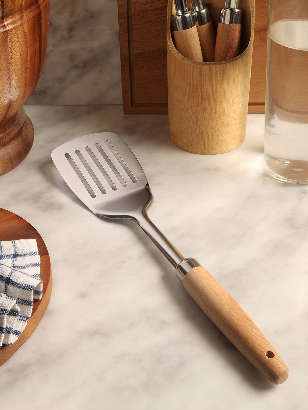 NATURALLY YOURS Brown & Grey Stainless Steel & Wooden Slotted Turner With Handle