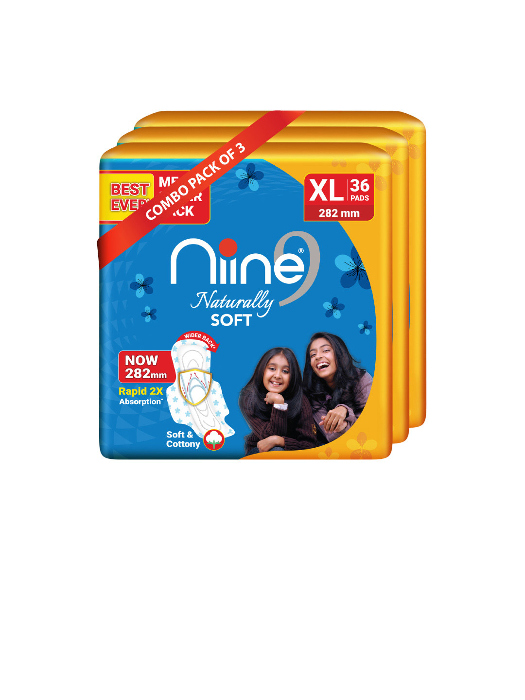 Niine Set of 3 XL Naturally Cotton Soft 2X Absorption Antileak Flow Sanitary 108 Pads
