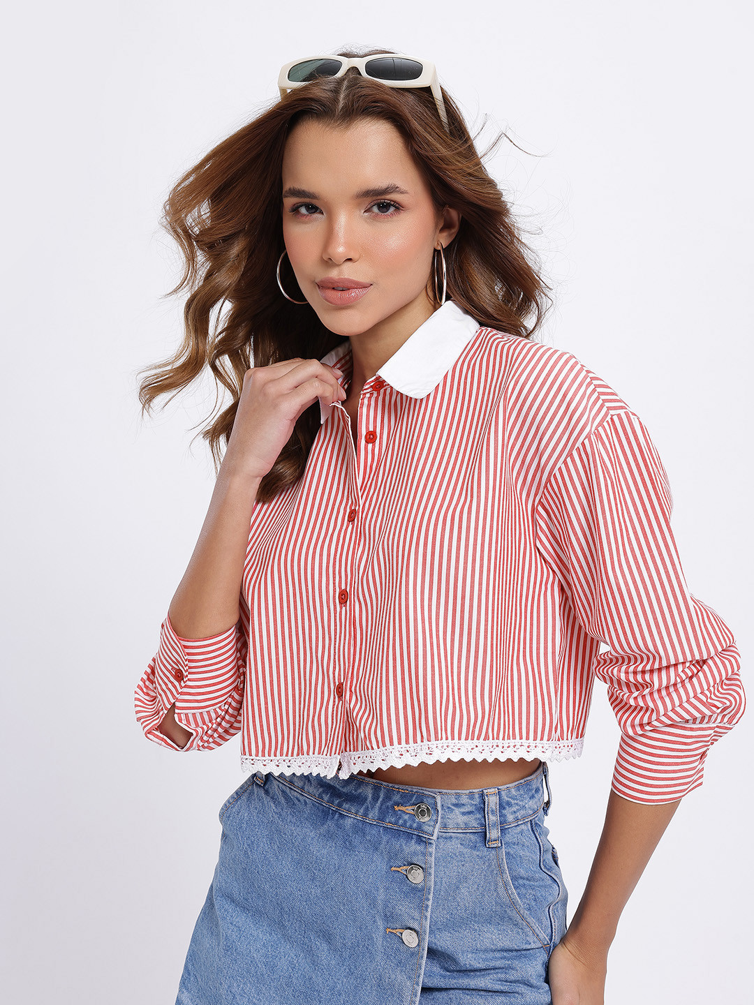 glitchez Vertically Stripes Lace Insert Detail Boxy Fit Shirt with Contrasting Collar