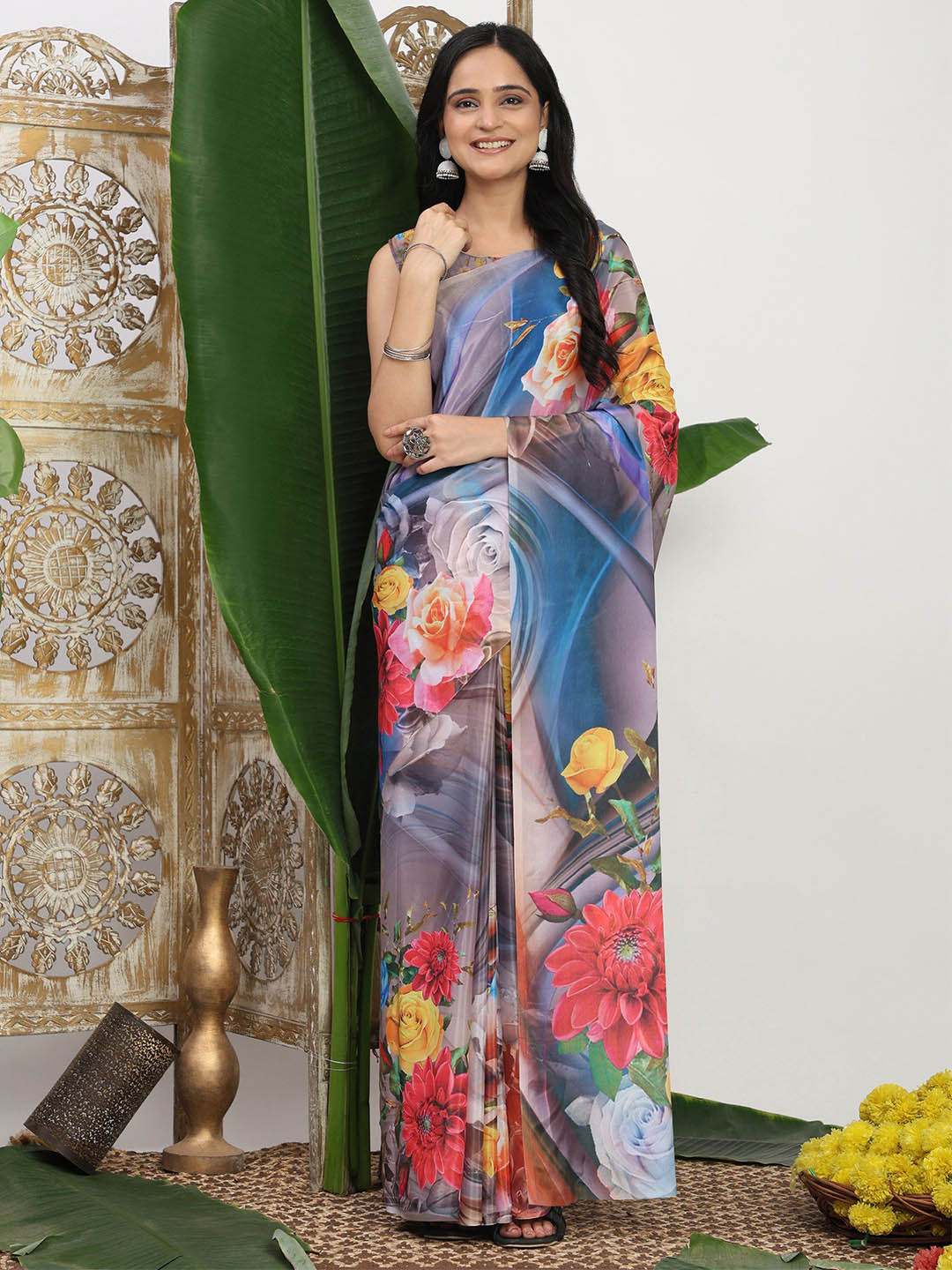 SHIVAM FABRICS Floral Print Pure Cotton Saree with Blouse Piece