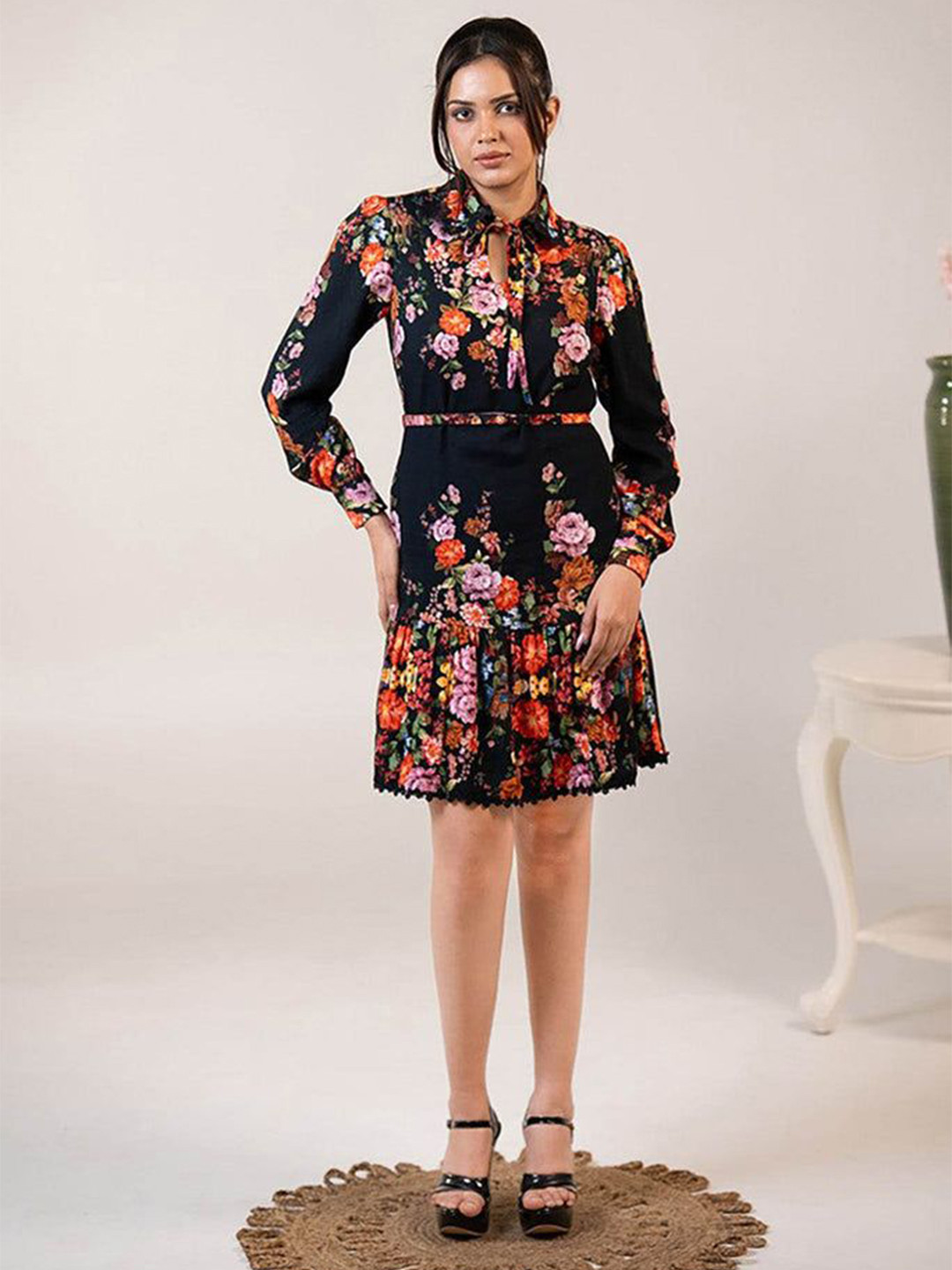 PRETTY PIXIE Women Floral Printed Tie-Up Neck Fit & Flare Dress