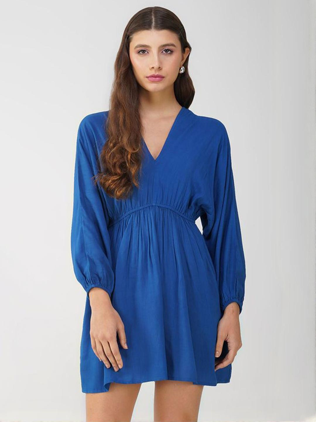 HERE&NOW Women Blue Solid Crush Textured V Neck Mini Dress