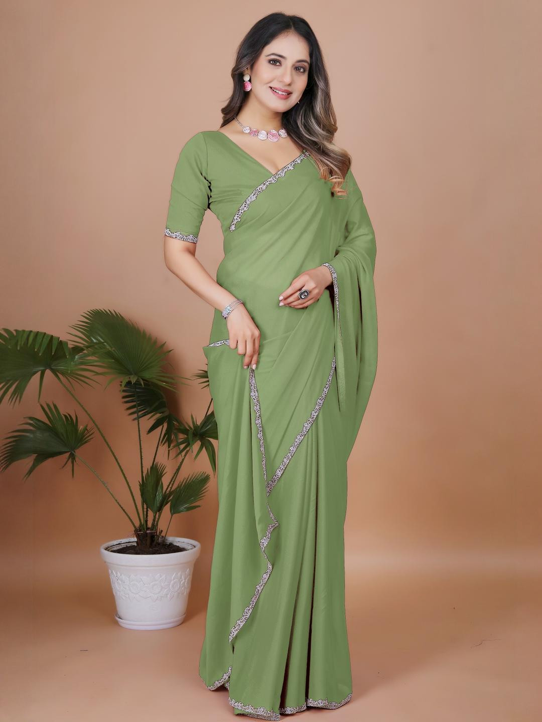 Avojee Lime Green Poly Georgette Embellished Sarees