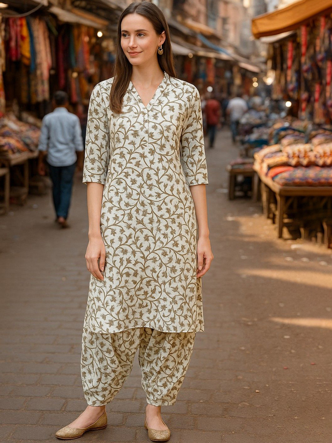Lookmark Floral Printed V-Neck Straight Kurta With Salwar