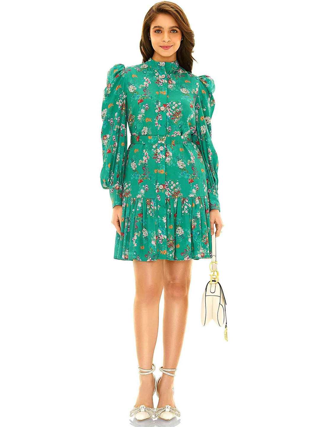 PRETTY PIXIE Women Floral Printed High Neck Cuffed Sleeves Mini Shirt Dress