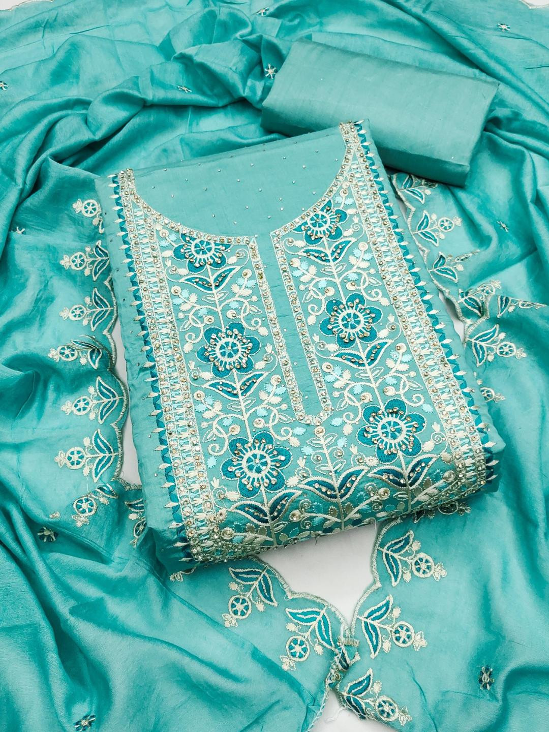 KALINI Women Blue Embroidered Floral Dress Material