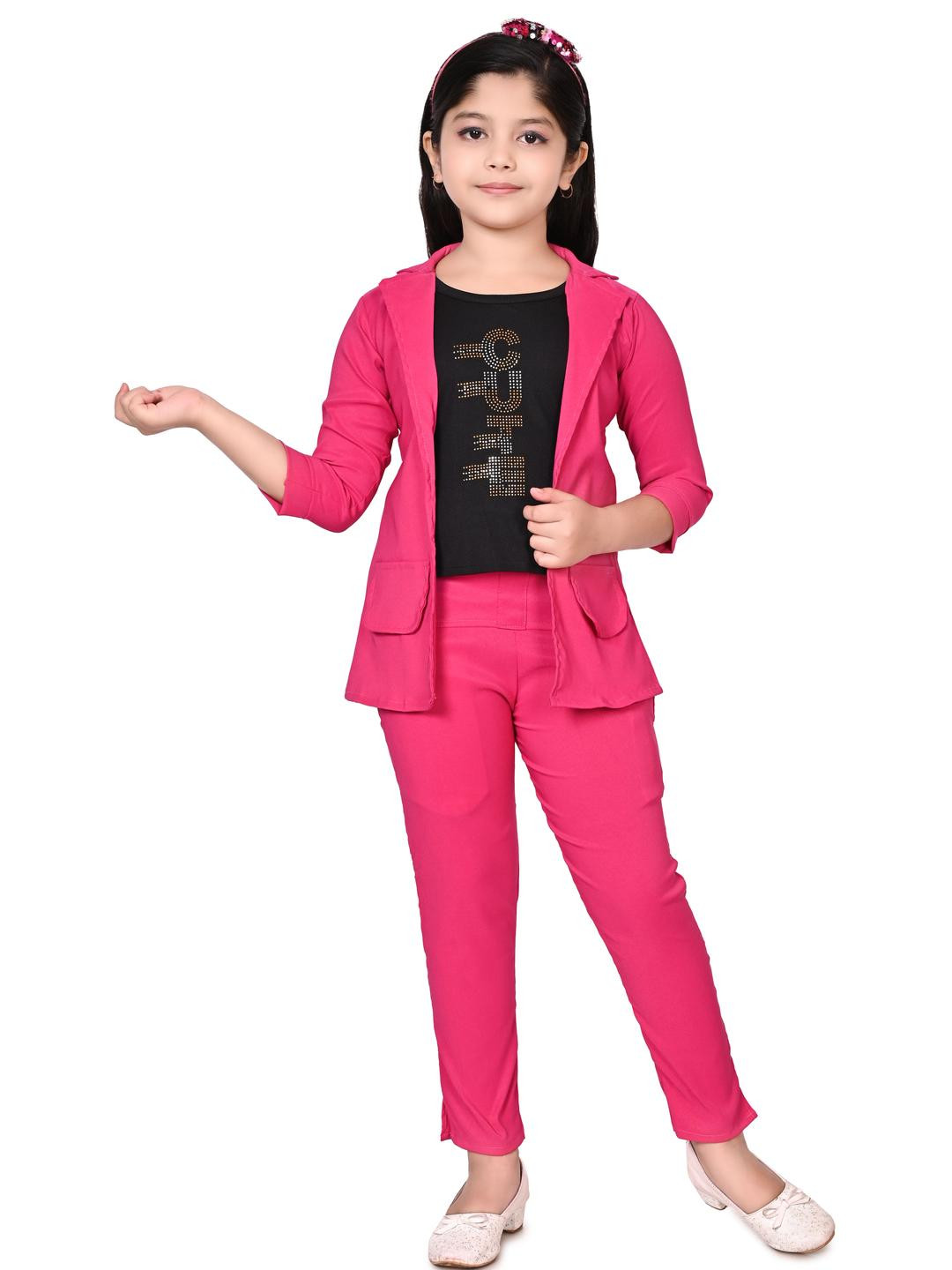 FARIHA FASHIONS Girls Printed T-shirt with Trousers And Jacket