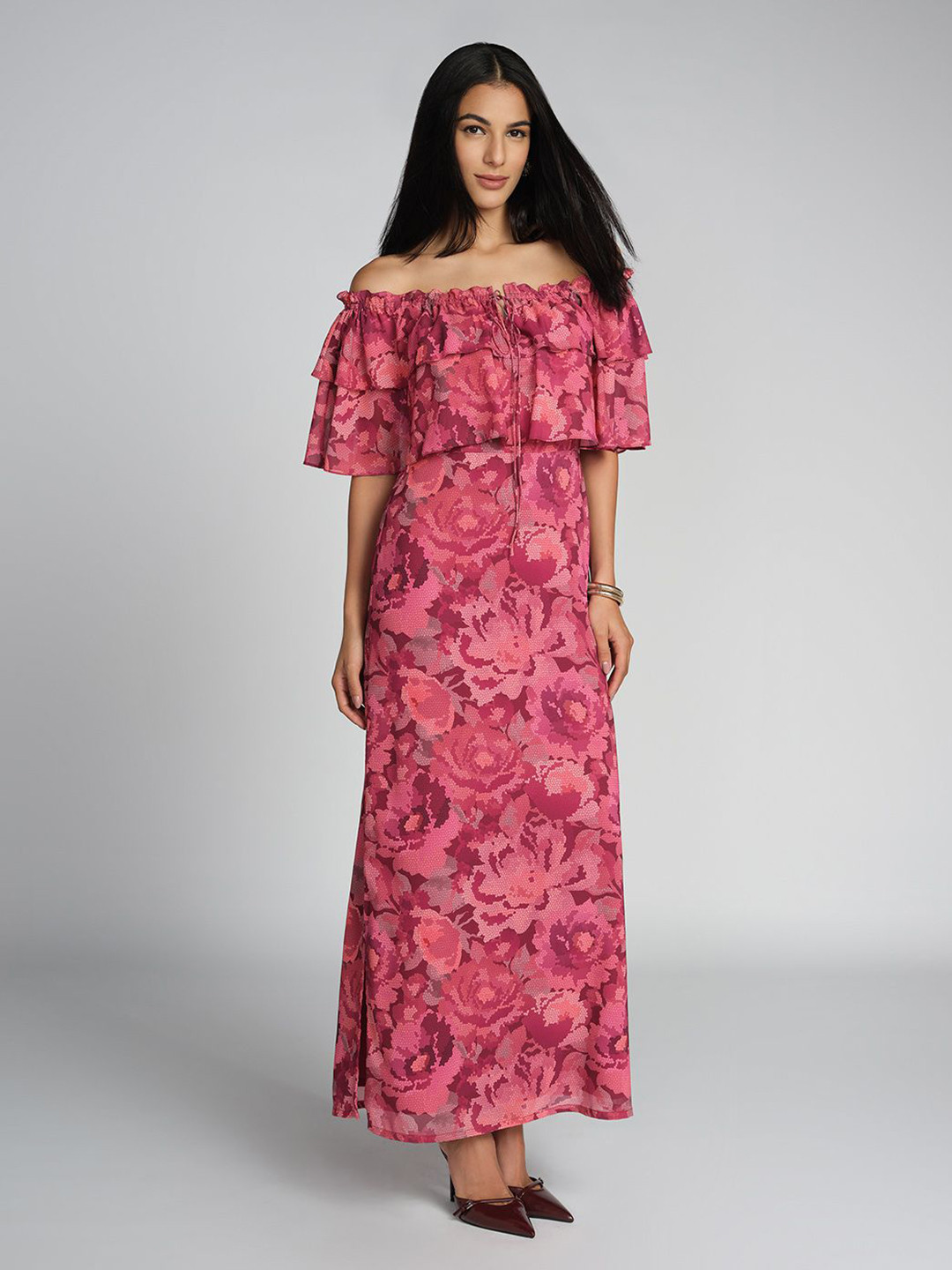 AND Women Floral Printed Off-Shoulder Cape Sleeve Sheath Maxi Dress