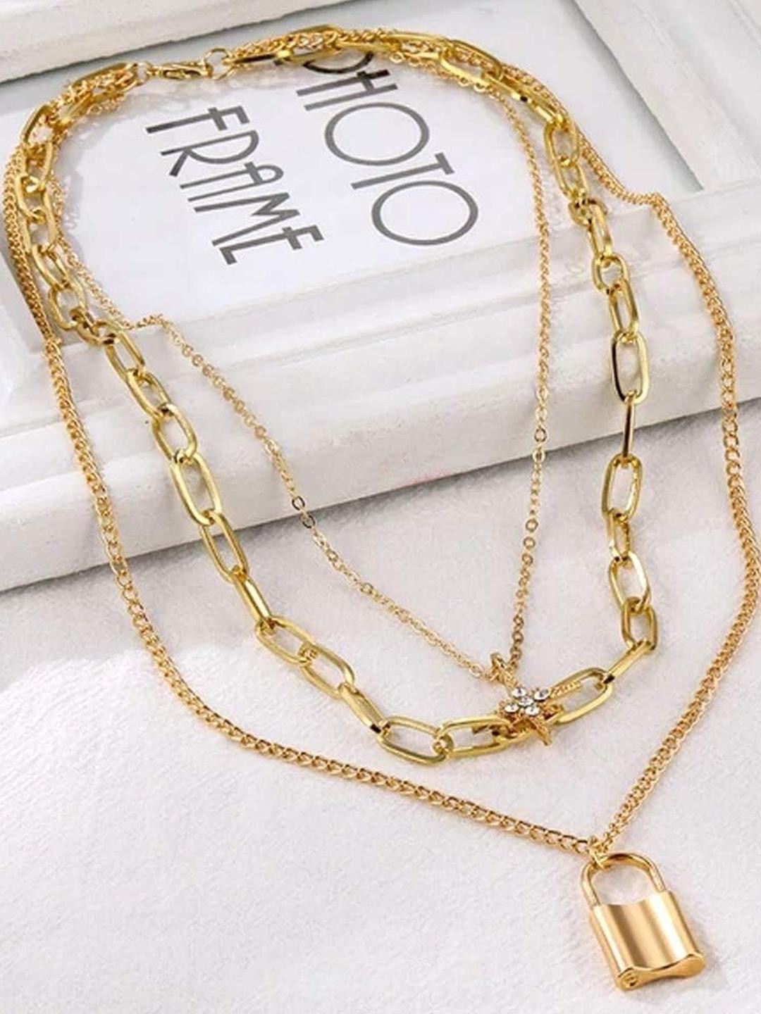 DressBerry Women Gold-Plated Three Layered Lock Chain & Star Pendant Necklace