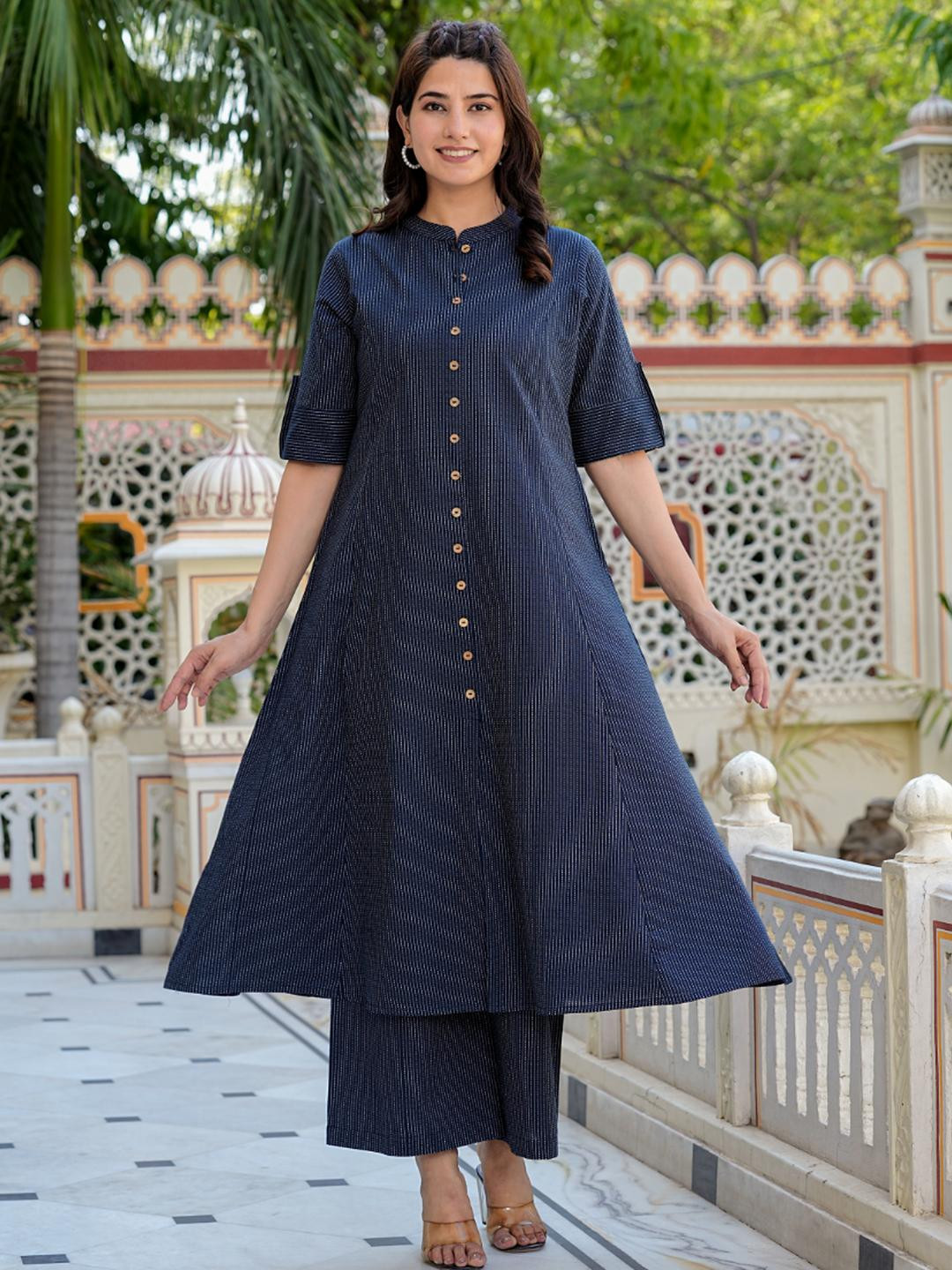 YASH GALLERY Women Blue Cotton Blend Striped Kurta Sets
