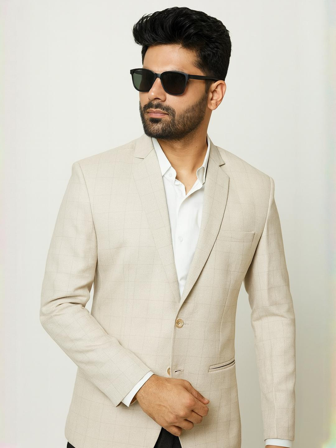 Shahi Achkan Men Beige Color Check Party & Wedding Blazer