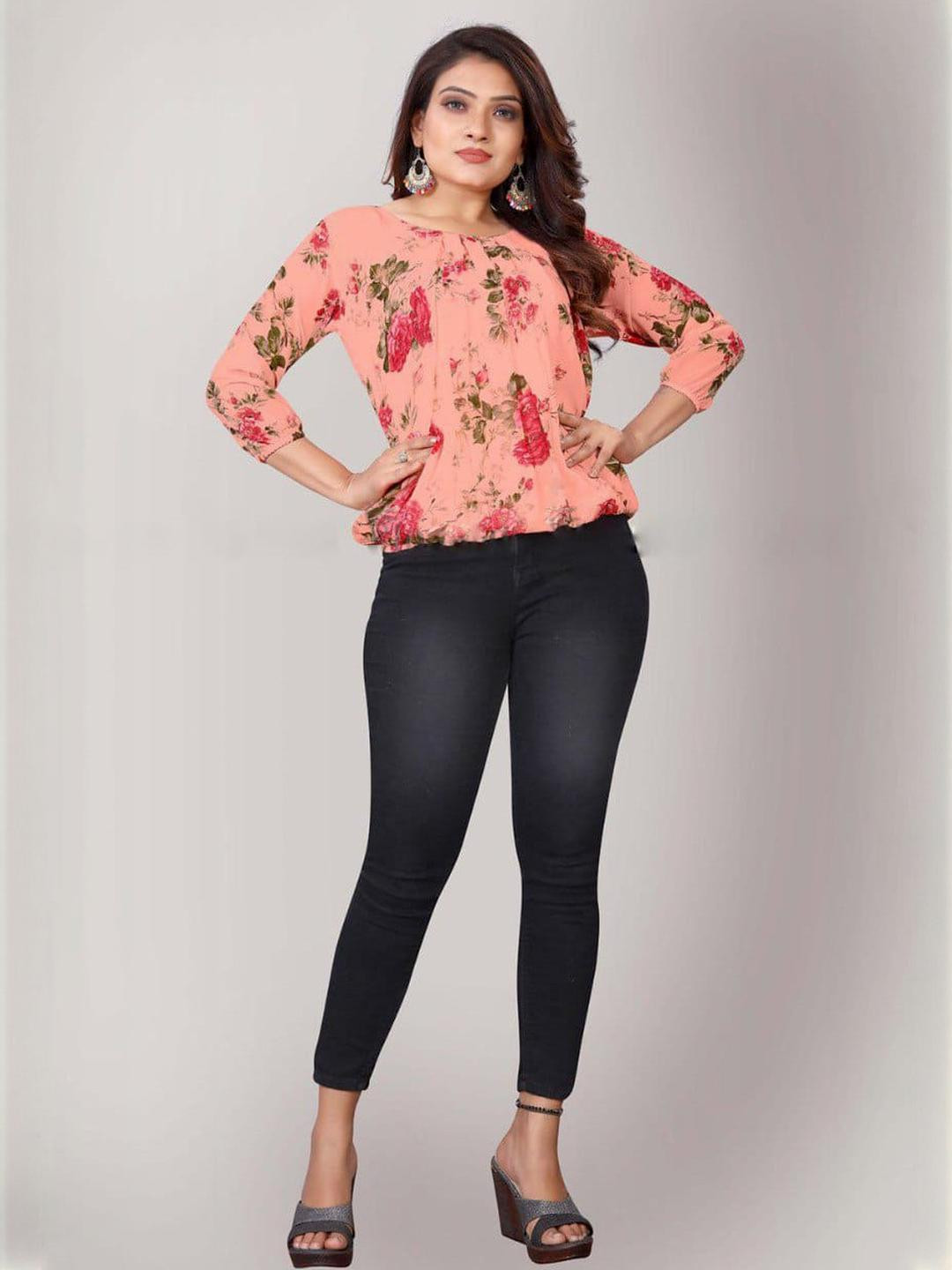 VS MALL Women Peach Floral Printed Top