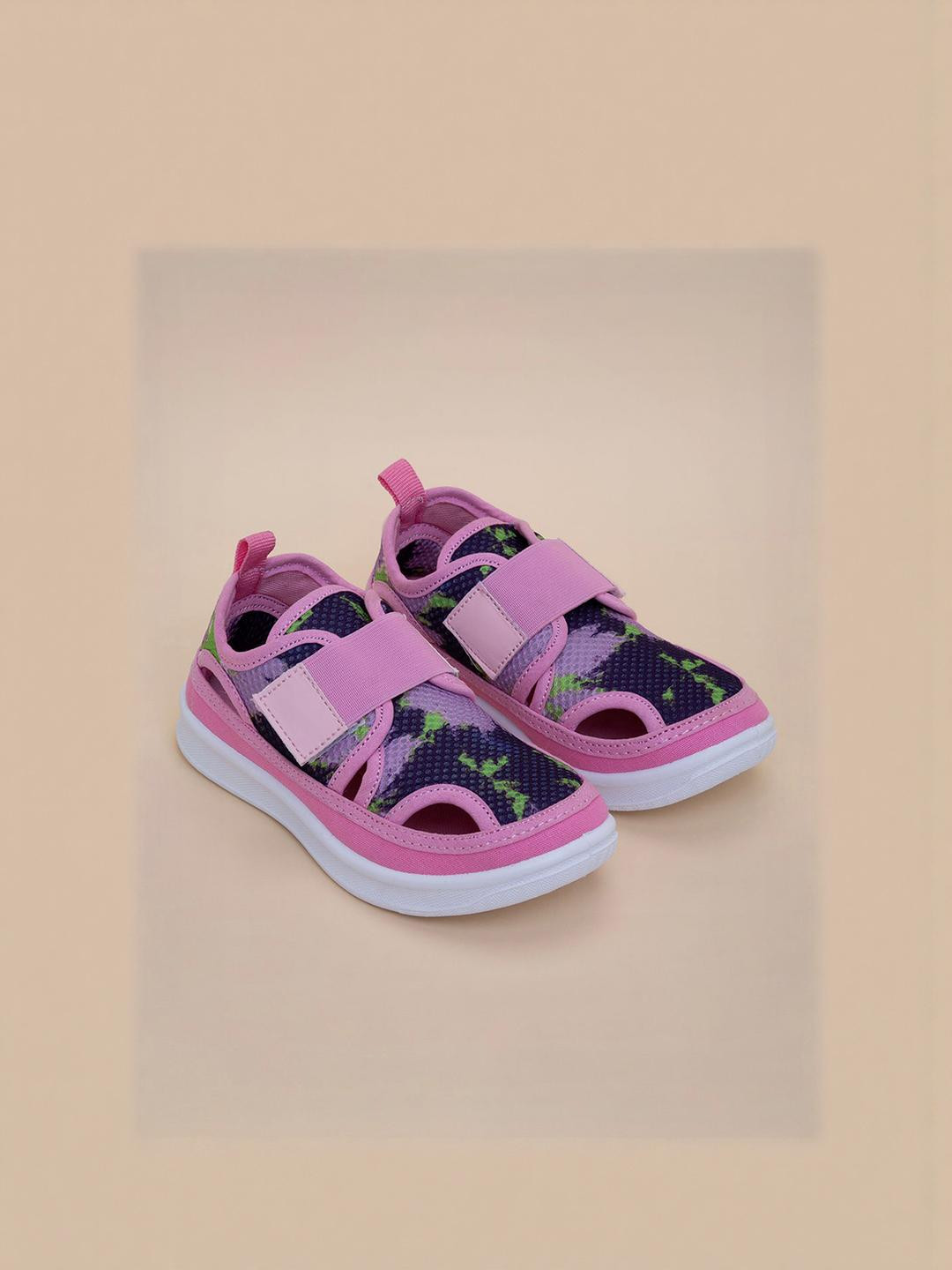 Hopscotch Girls Pink & Purple Printed Round Toe Mesh Velcro Sneakers