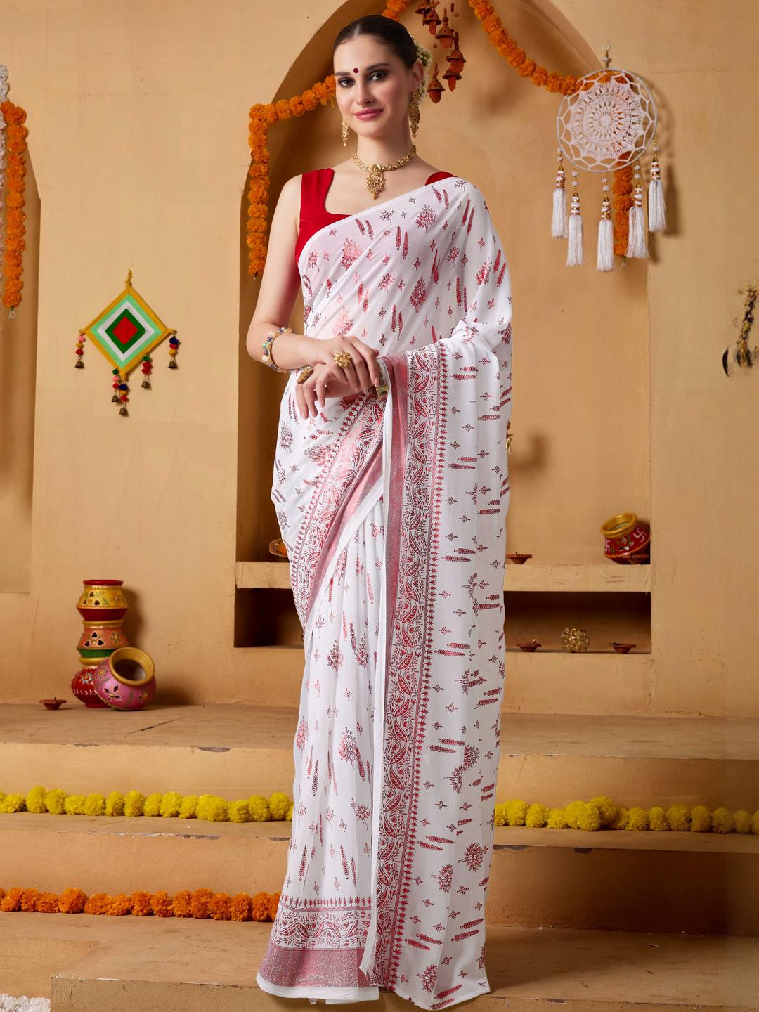 Aari Work Solid Georgette Ready To Wear Saree