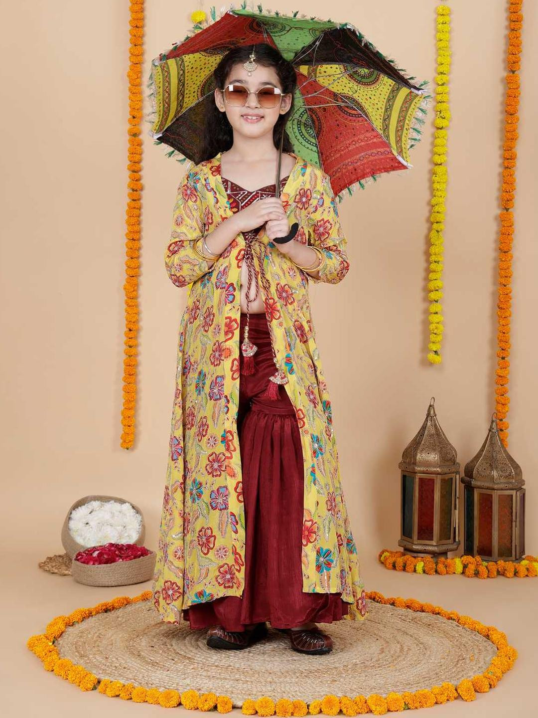 Sangria Girls Multi Chinon Embroidered Kurta Sets