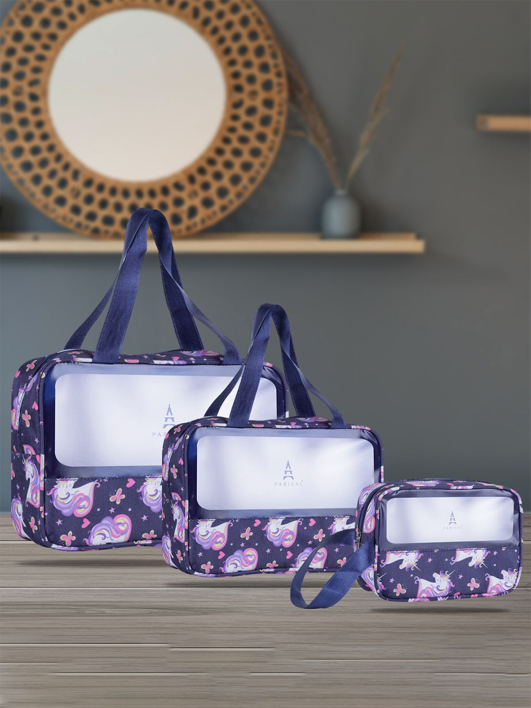 PARISAL Women Set Of 3 Printed Transparent Travel Organizer Bags