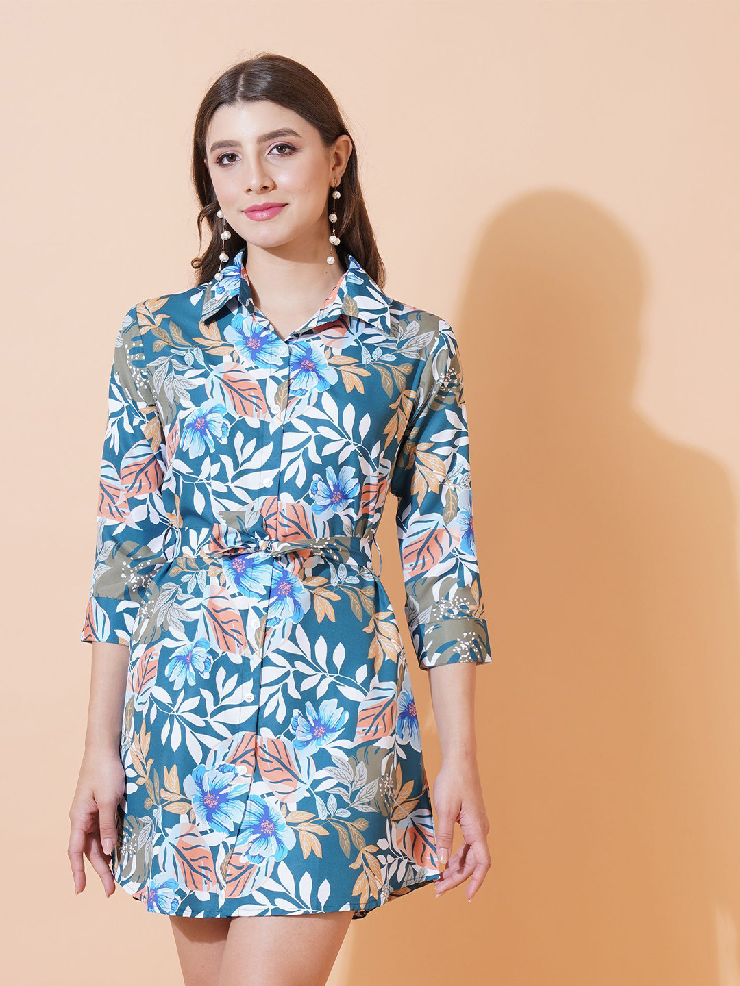 FebQ Women Floral Printed Shirt Collar Shirt Mini Dress