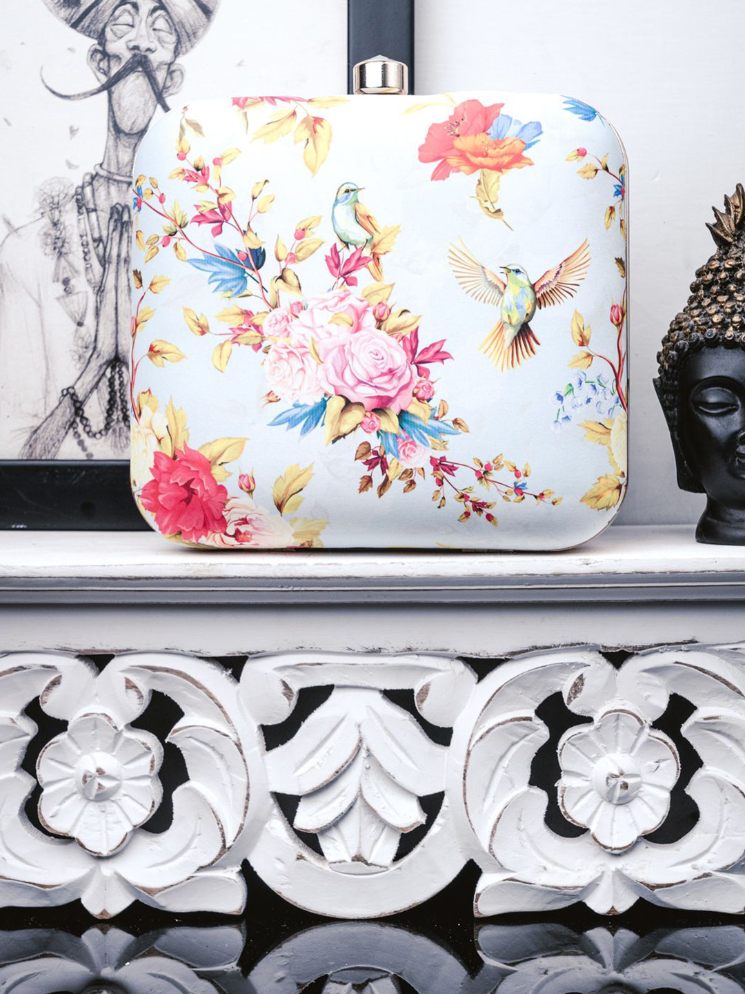 NR By Nidhi Rathi Floral & Birds Printed Box Clutch