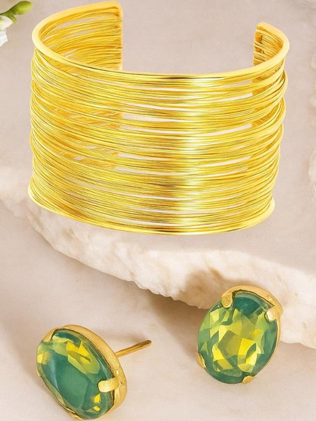 Anouk Combo Of 2 Green Korean Glass Crystal Stud Earrings with Cuff Bracelet