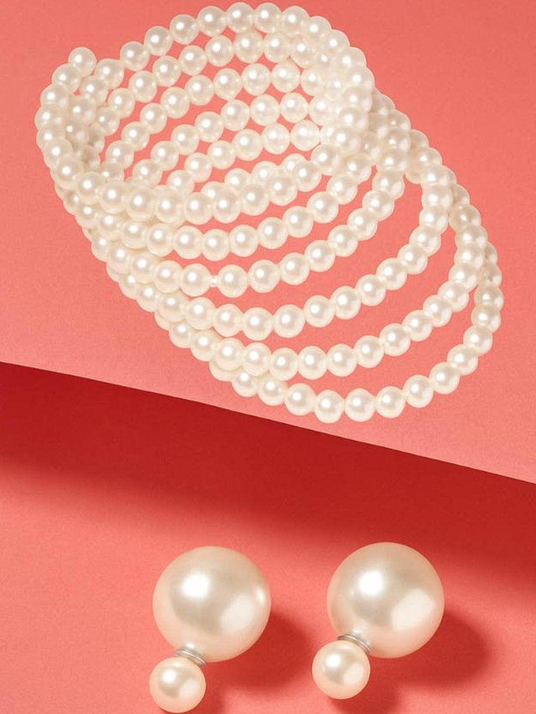 Anouk Double Sided Pearl Stud Earrings with White Pearl Bracelet Combo