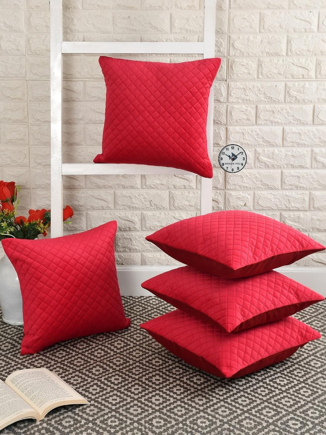 BIGGER FISH Set of 5 Red Velvet Textured Checked Square Cushion Covers