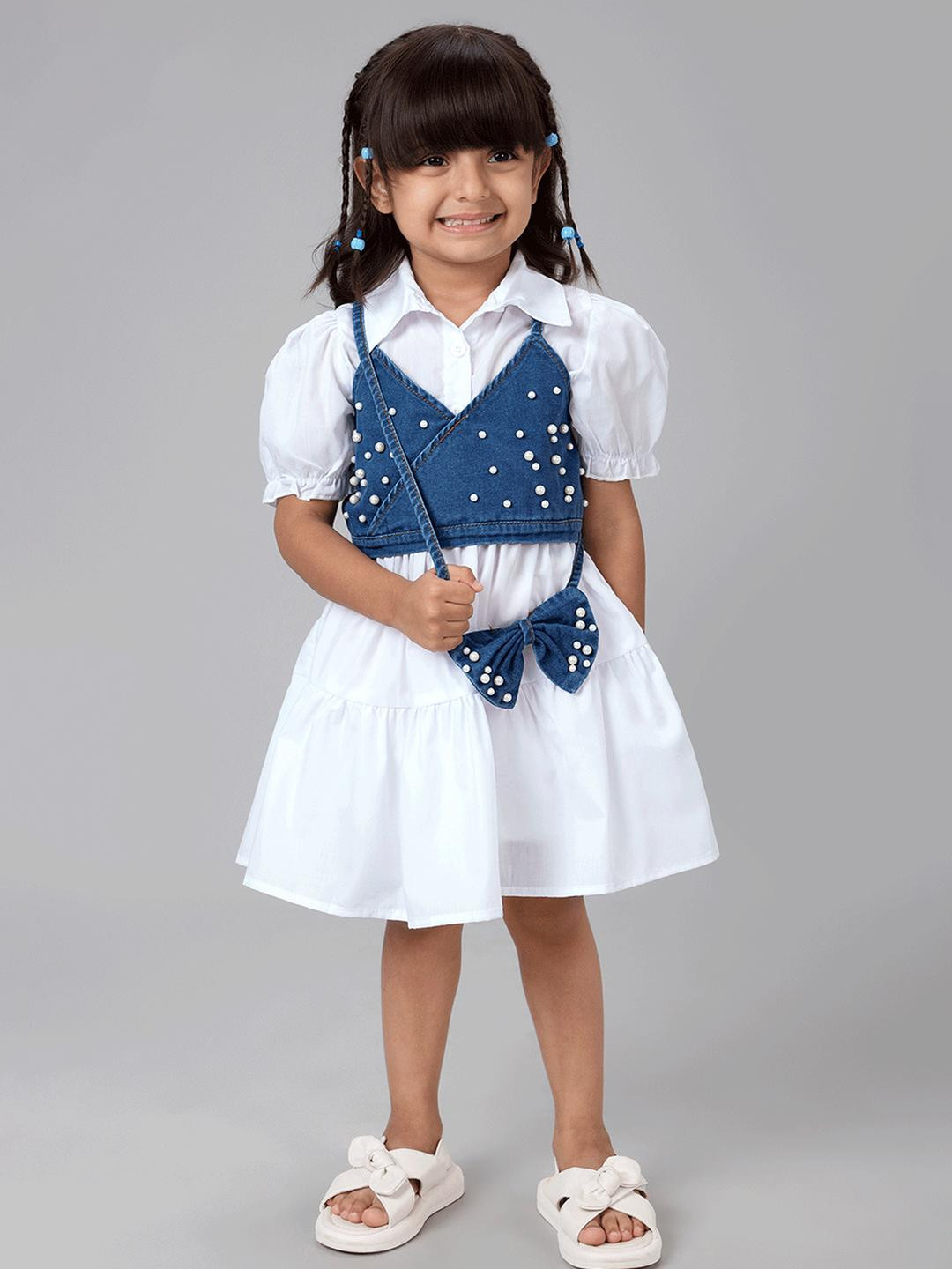 Hopscotch Girls White Cotton Blend Frock & Denim Cami With Bow Bag