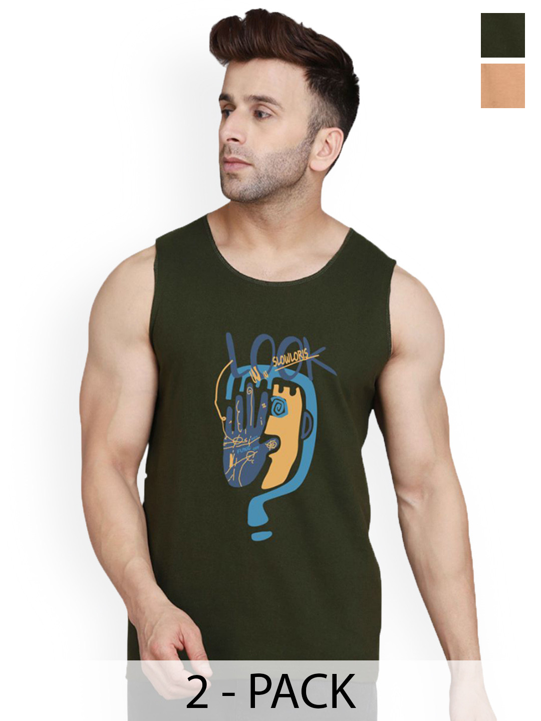 SLOWLORIS Men Pack Of 2 Printed Cotton Gym Vest VSL26 CMB(LOOK OLIVE)(PLAIN BLACKRUST)