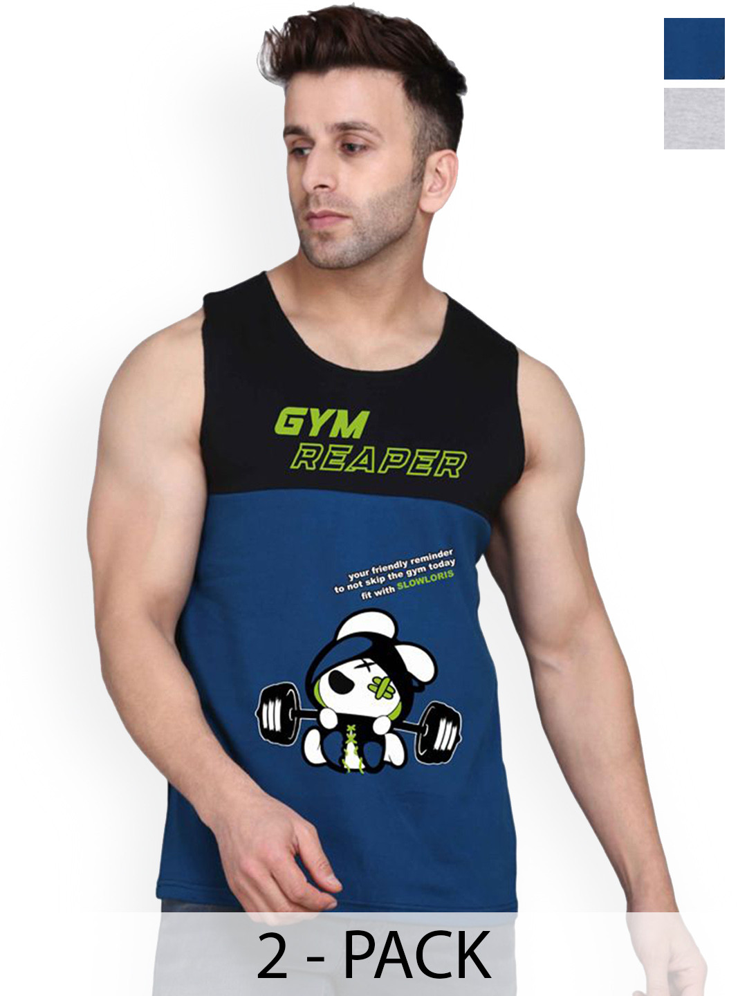 SLOWLORIS Men Pack of 2 Printed Gym Vests VSL26 CMB(GYM BLKPEACOCK)(ADV BLACKGRE