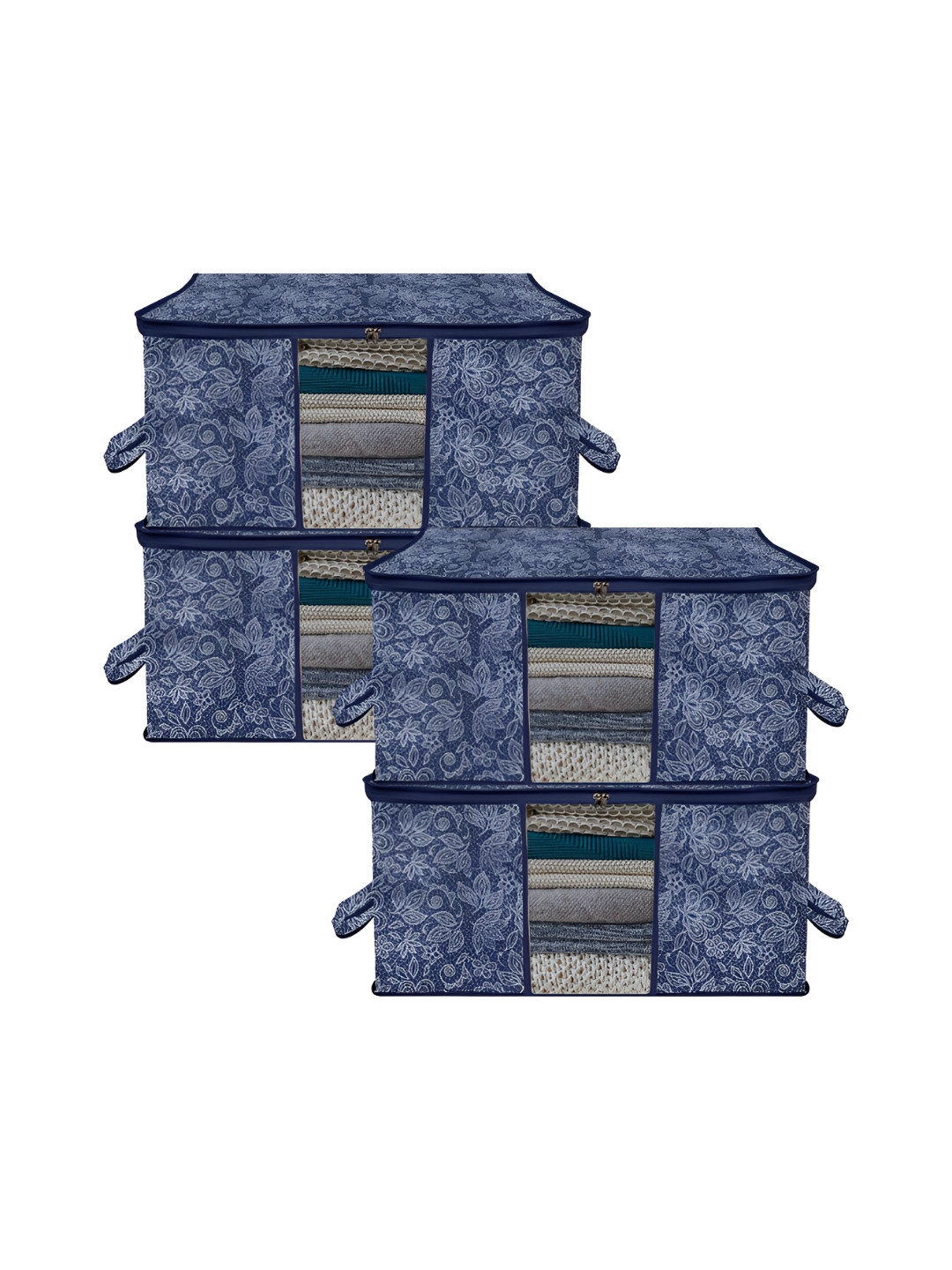 Aura Navy Blue & White 4 Pieces Floral Printed Multi-Utility Organisers